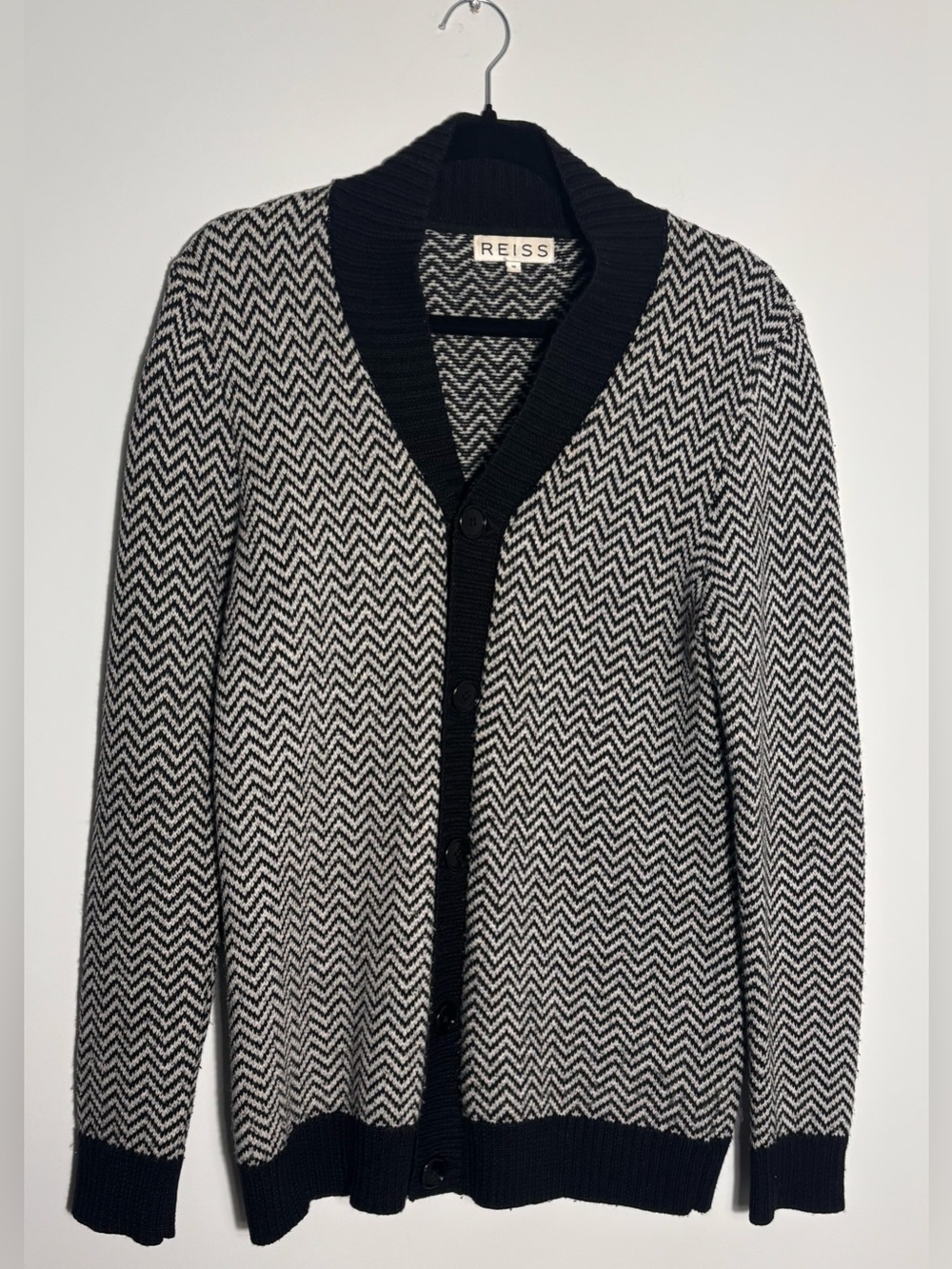 Reiss Wool Blend Cardigan Sweater Black White Herringbone Button Front V Neck